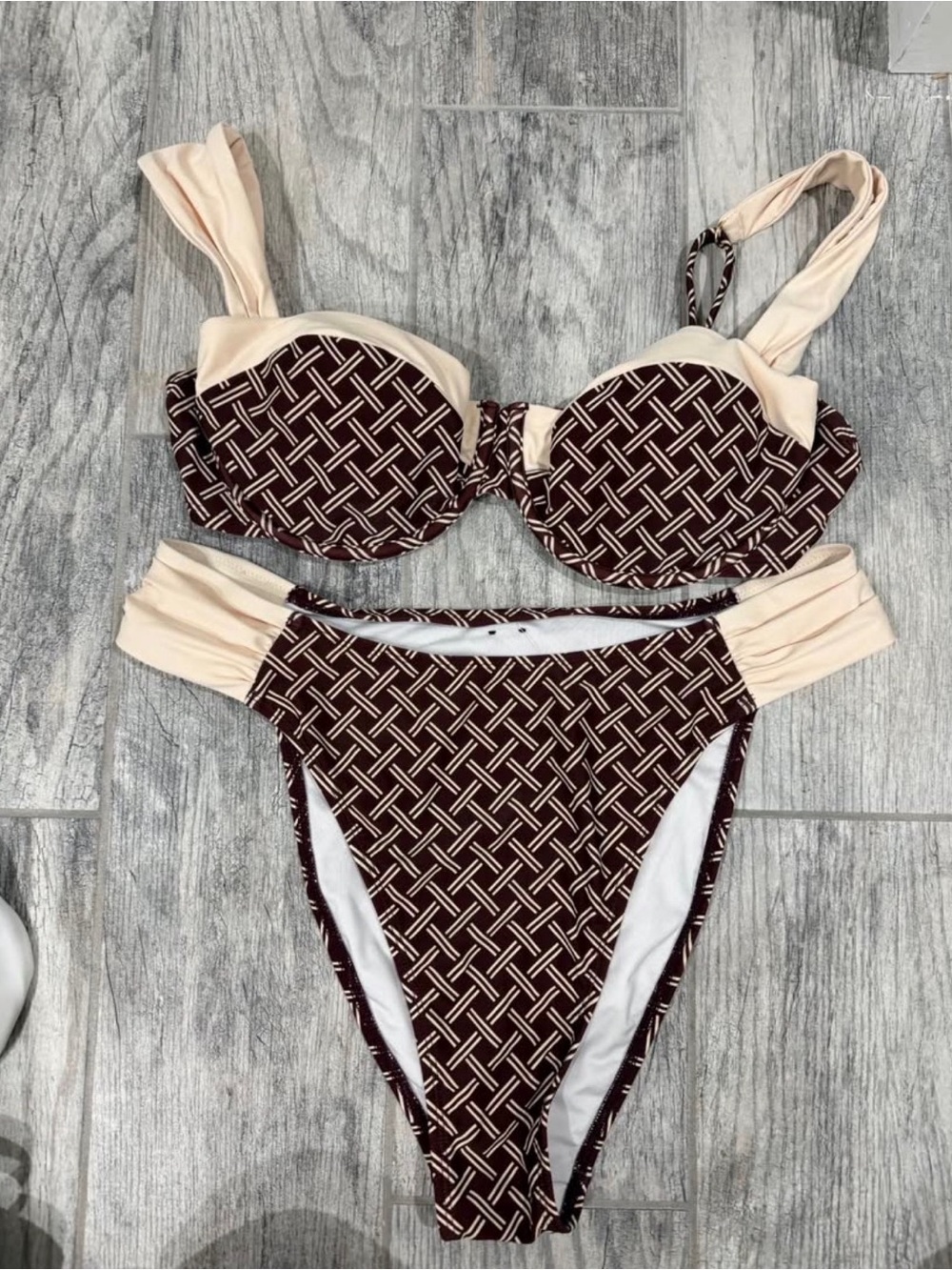 Cupshe Brown Geometric High-Waist Two-Piece Bikini with Cream Trim